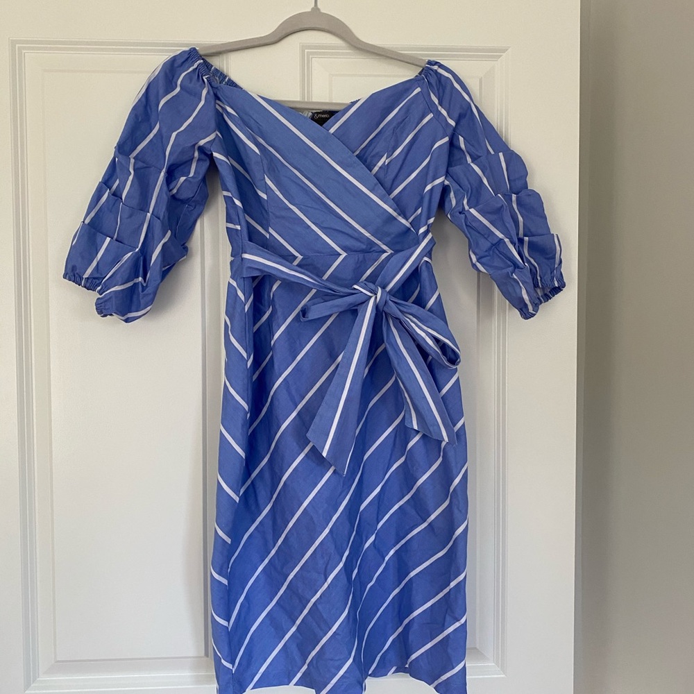 Blue and white striped midi dress